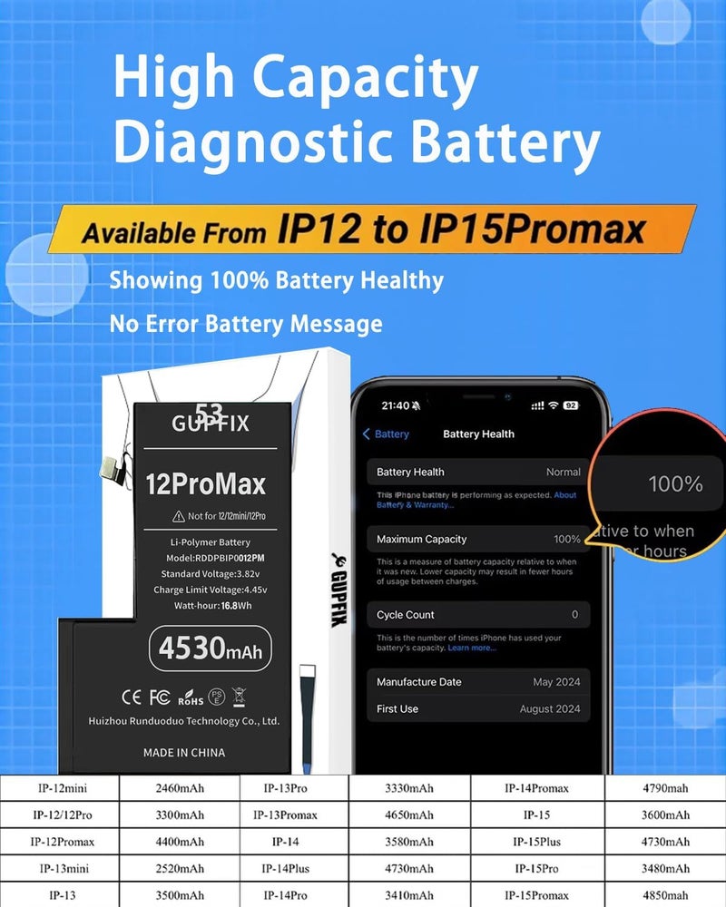 GUPFIX Diagnostic Battery for iPhone 12Pro Max No Pop-up Unknown Part Warning, 4530mAh High Capacity Li-Polymer Rechargeable Battery Replacement for iPhone 12Pro Max with Full Tool Kit - Image 5
